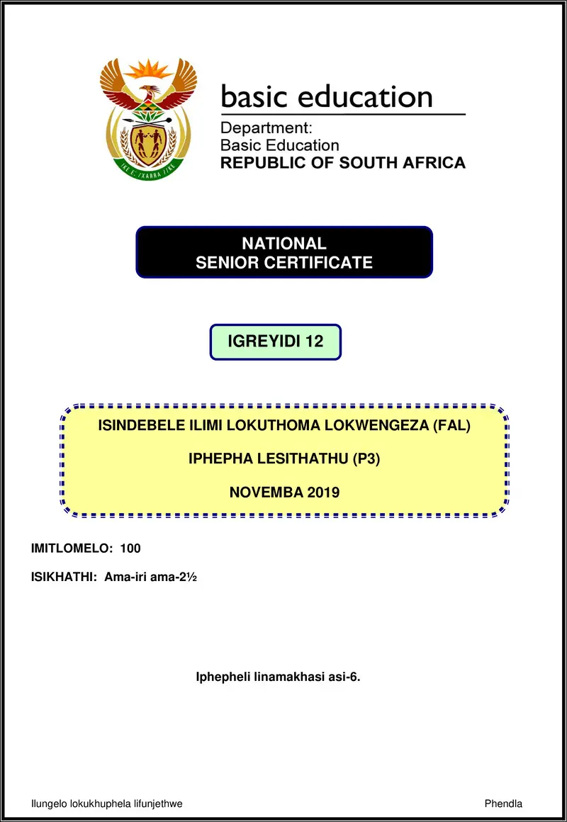 Isindebele Fal P3 Nov 2019 Gr12