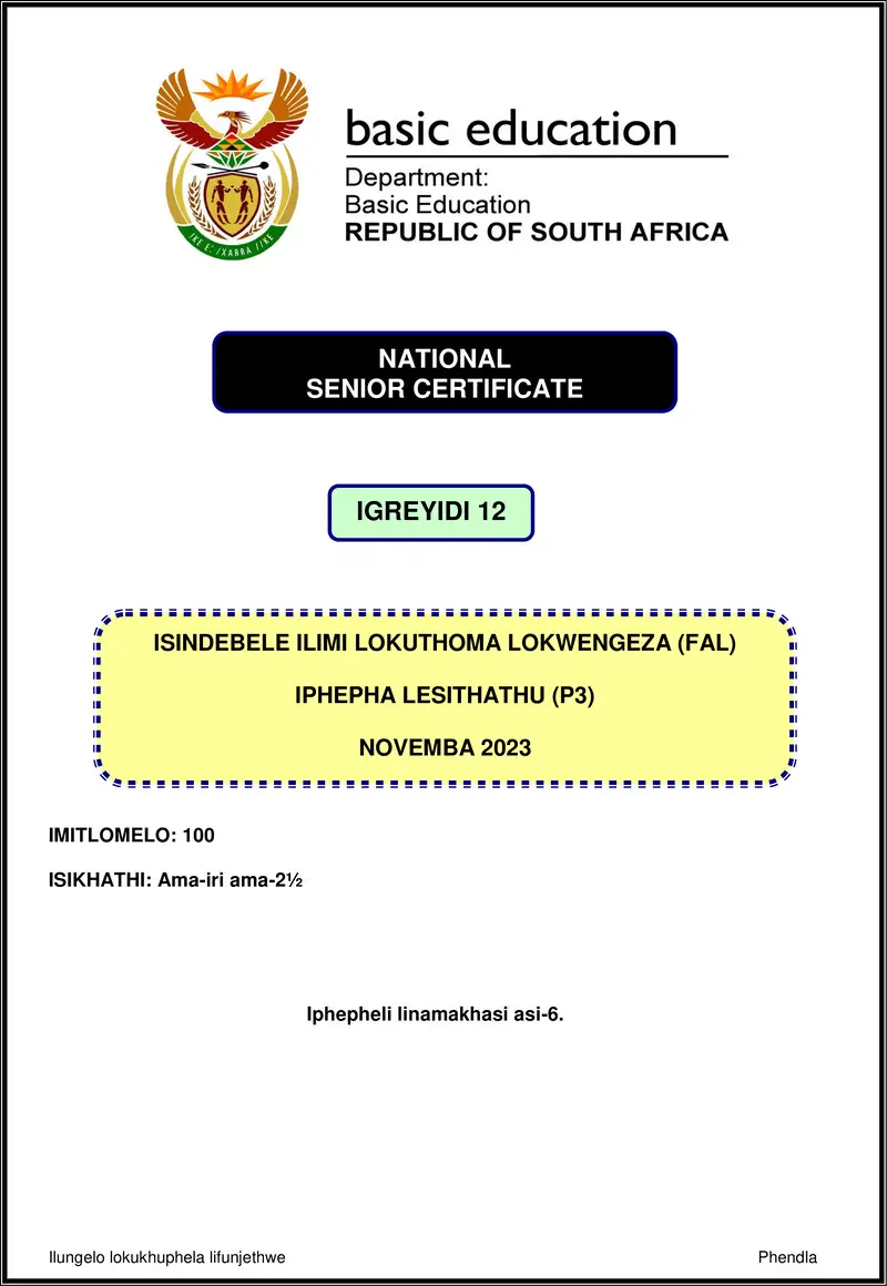 Isindebele Fal P3 Nov 2023 Gr12