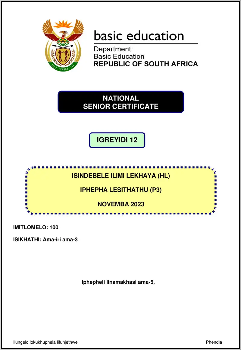 Isindebele Hl P3 Nov 2023 Gr12