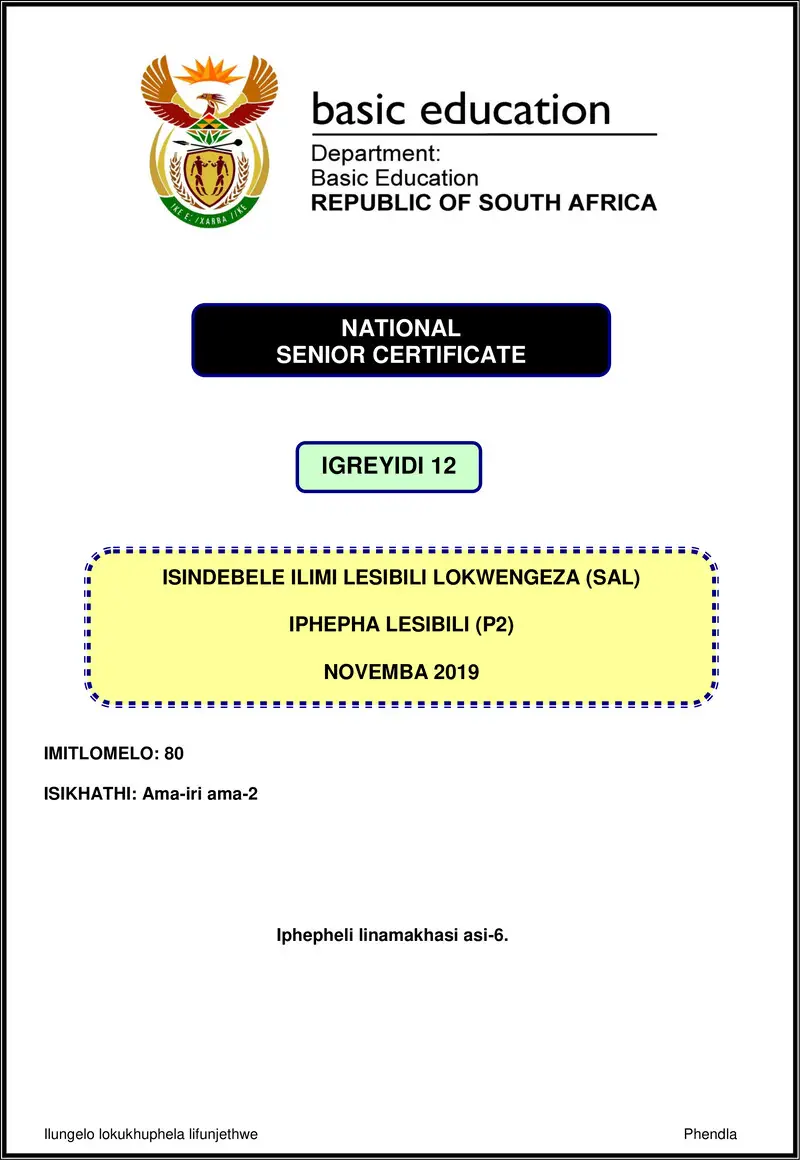 Isindebele Sal P2 Nov 2019 Gr12