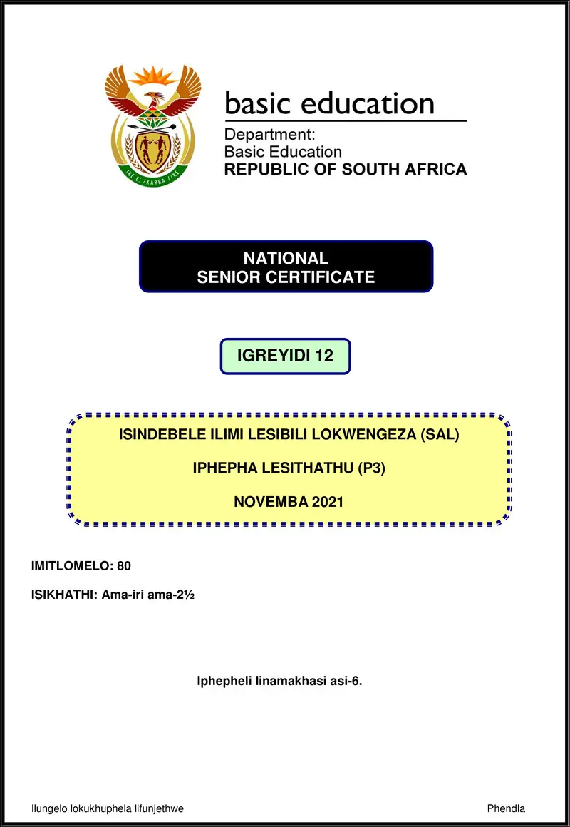 Isindebele Sal P3 Nov 2021 Gr12
