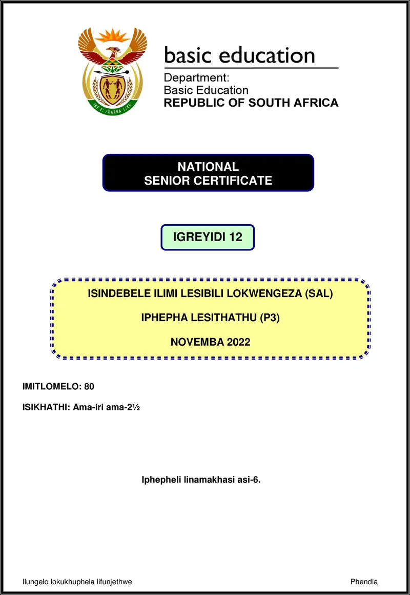 Grade 12 isiNdebele past paper 2022 – isindebele sal p3 nov 2022 gr12