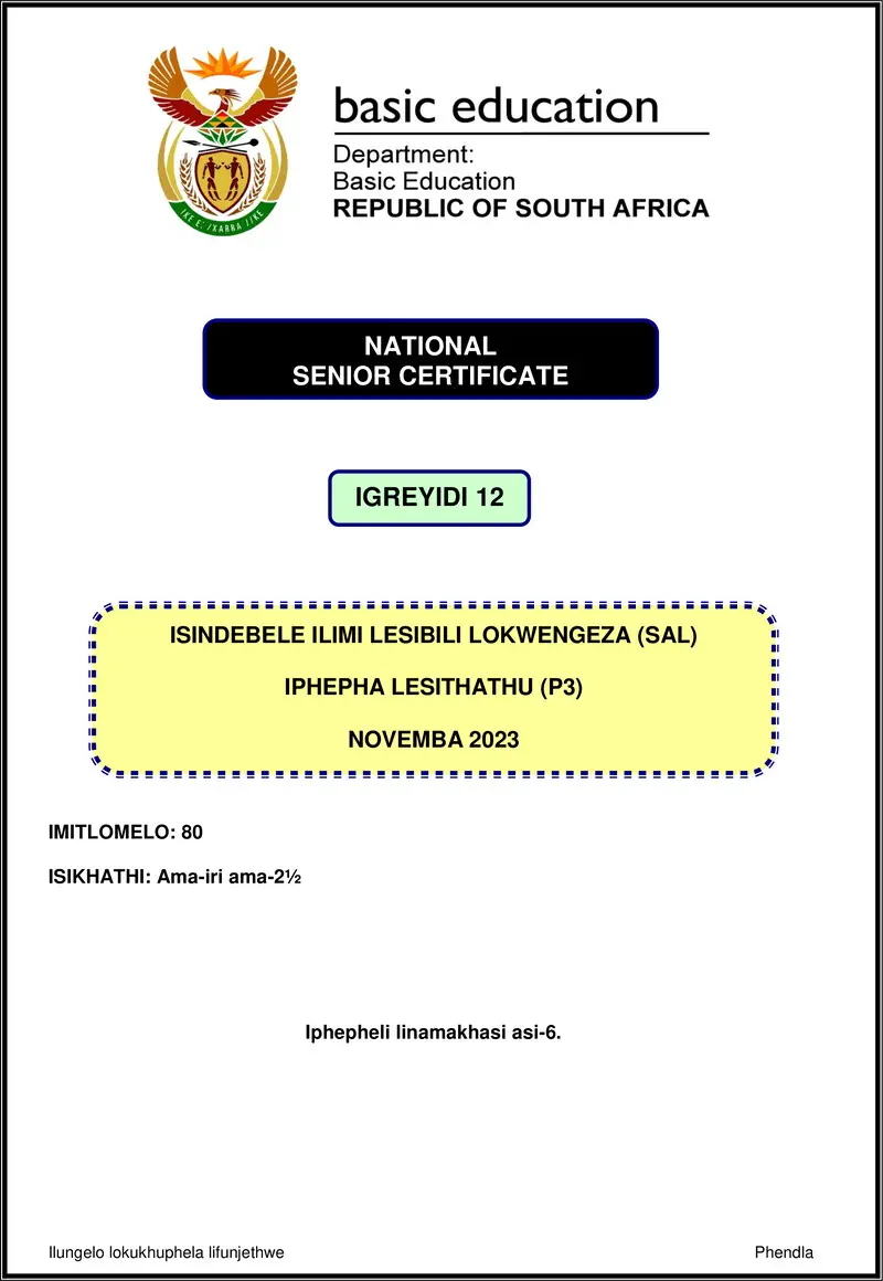 Isindebele Sal P3 Nov 2023 Gr12