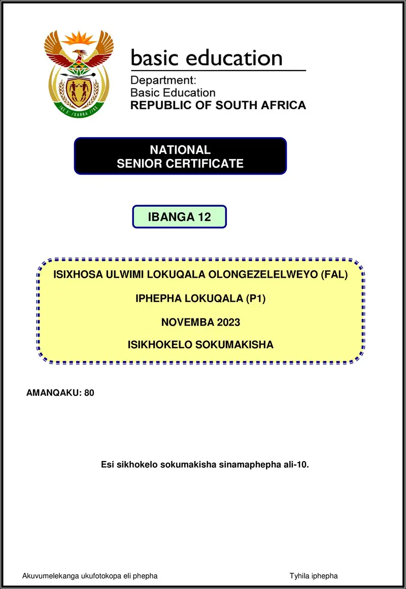 Isixhosa Fal P1 Nov 2023 Mg Gr12