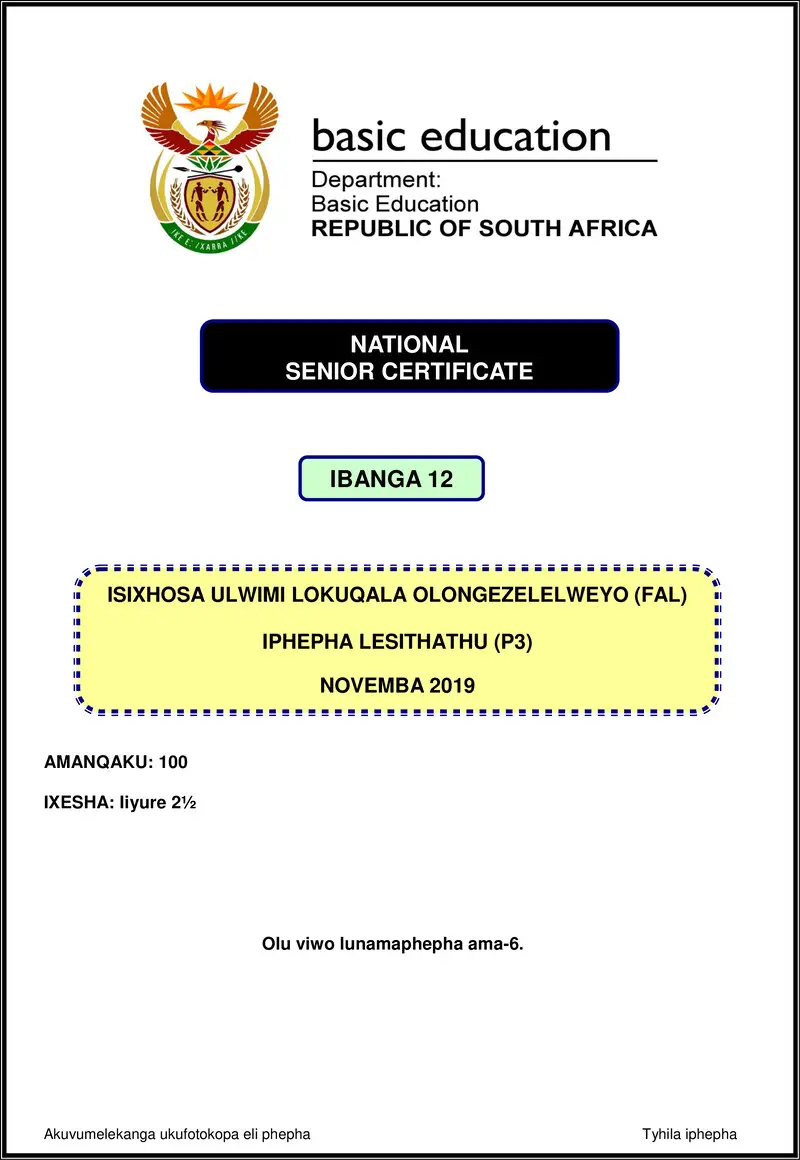 Isixhosa Fal P3 Nov 2019 Gr12