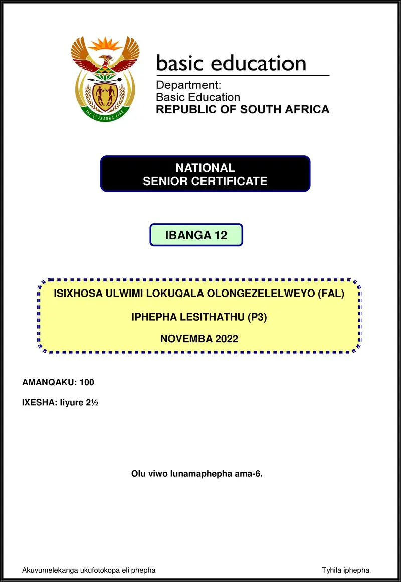 Grade 12 isiXhosa past paper 2022 – isixhosa fal p3 nov 2022 gr12