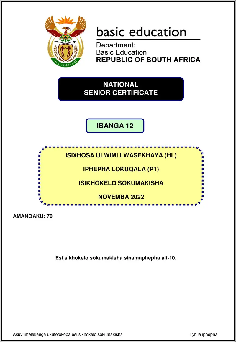 Isixhosa Hl P1 Nov 2022 Mg Gr12