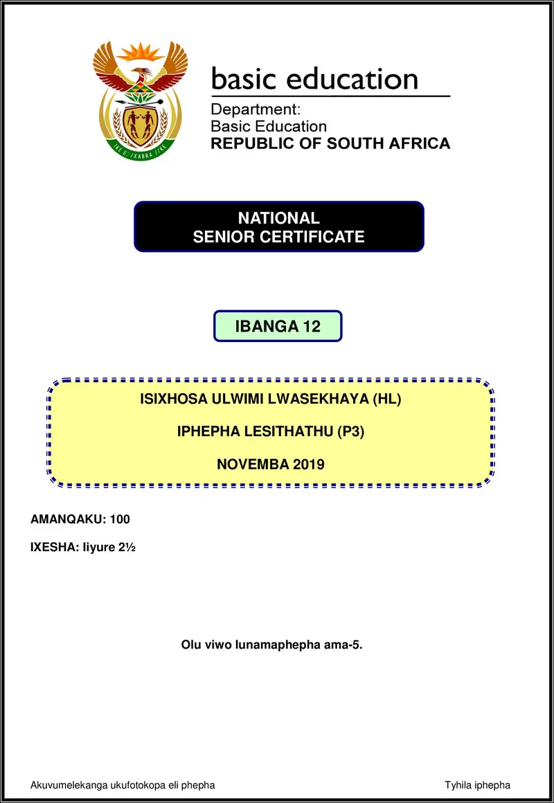 Isixhosa Hl P3 Nov 2019 Gr12