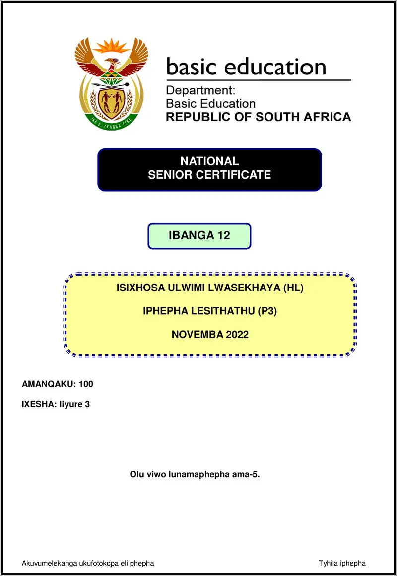 Isixhosa Hl P3 Nov 2022 Gr12