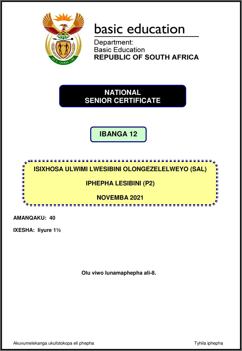 Grade 12 isiXhosa past paper 2021 – isixhosa sal p2 nov 2021 gr12
