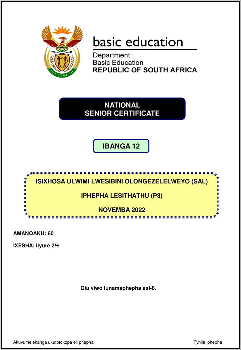 Isixhosa Sal P3 Nov 2022 Gr12