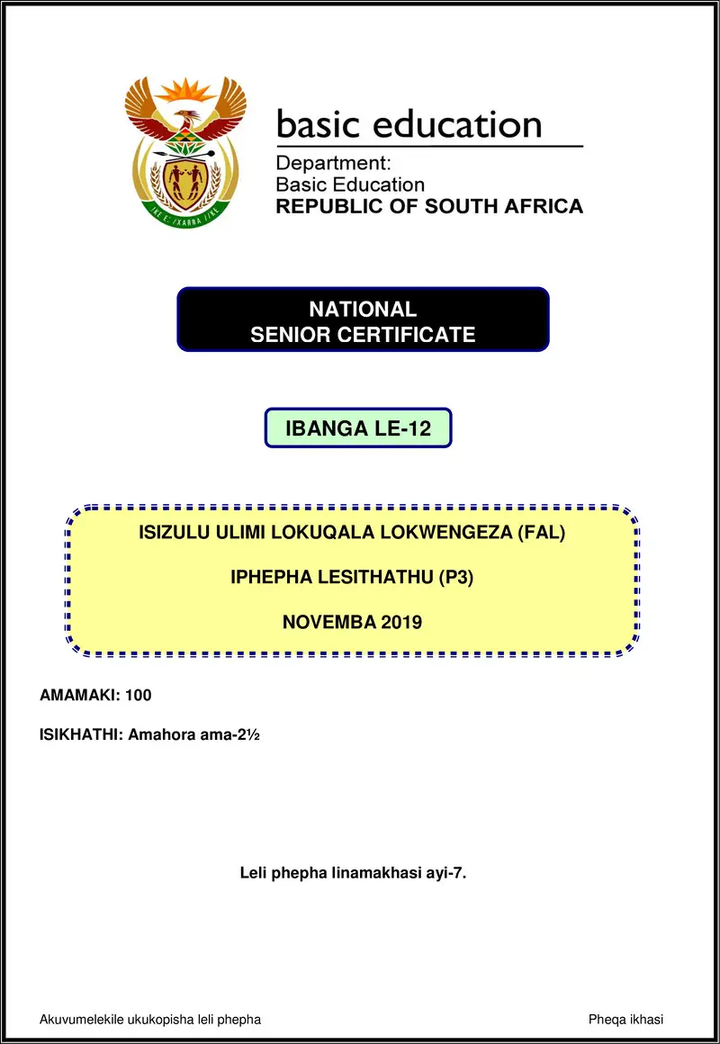 Isizulu Fal P3 Nov 2019 Gr12