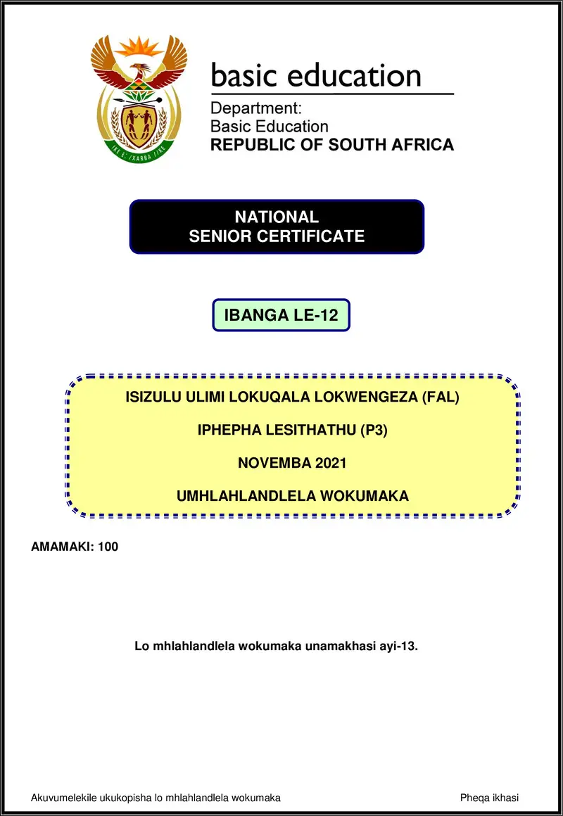Isizulu Fal P3 Nov 2021 Mg Gr12