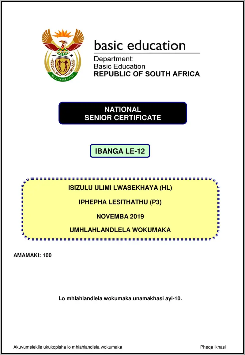 Grade 12 isiZulu past paper 2019 – isizulu hl p3 nov 2019 memo gr12