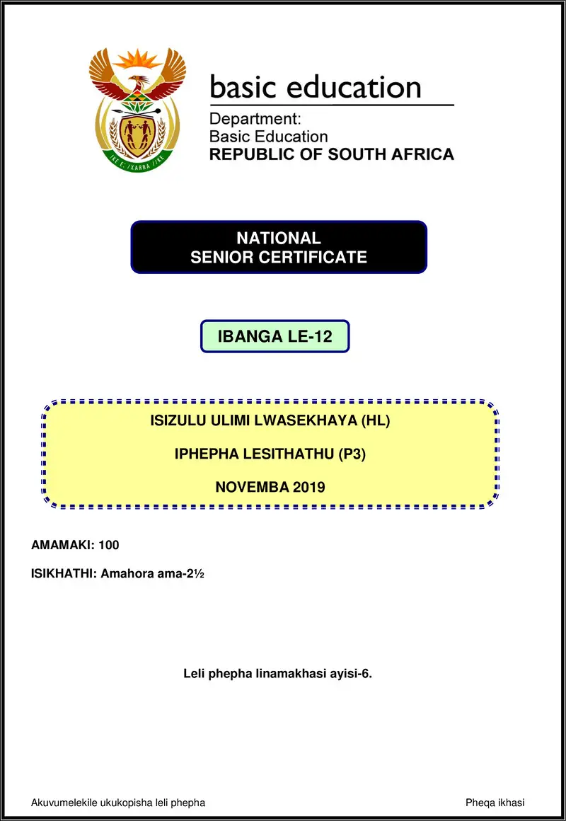 Isizulu Hl P3 Nov 2019 Gr12
