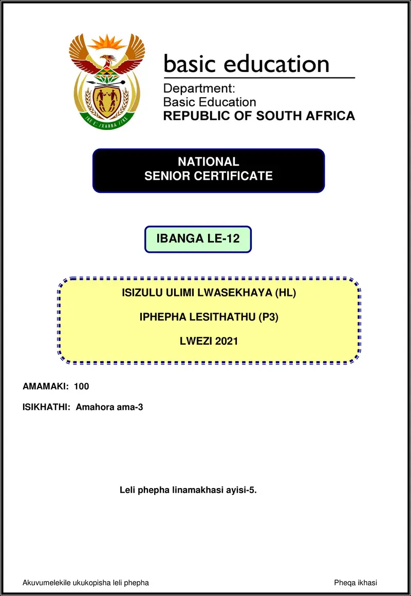Isizulu Hl P3 Nov 2021 Gr12