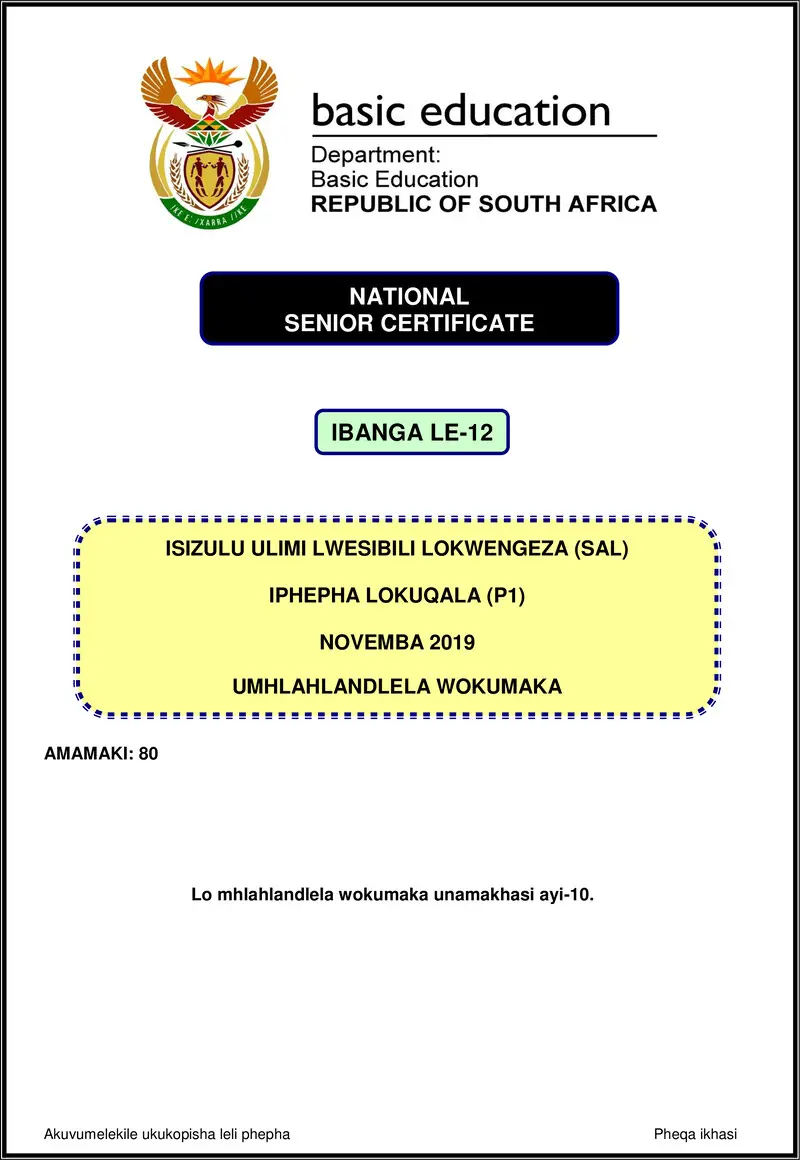 Isizulu Sal P1 Nov 2019 Memo Gr12
