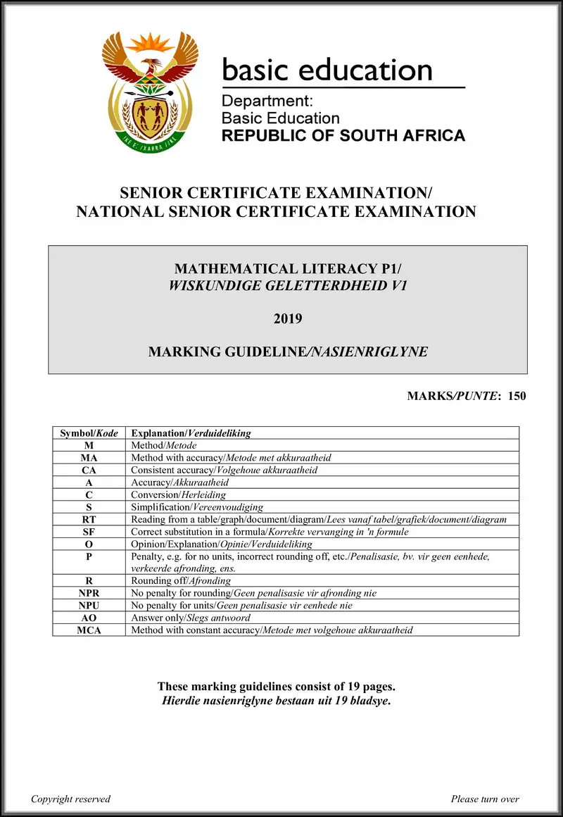 Grade 12 Mathematical Literacy past paper 2019 – mathematical literacy p1 may june 2019 memo afr eng 1 gr12