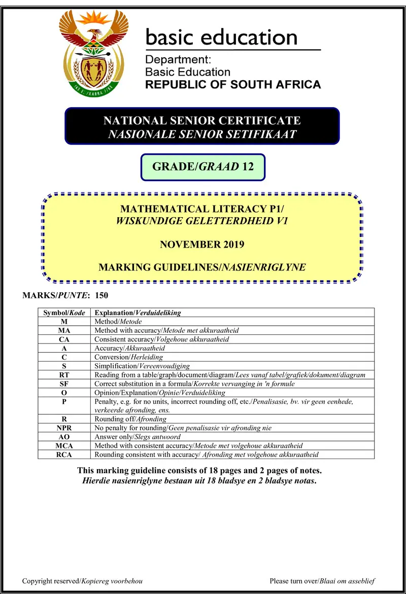 Mathematical Literacy P1 Nov 2019 Memo Afr Eng Gr12