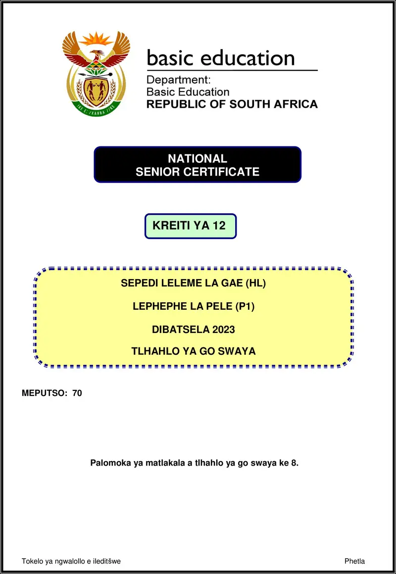 Grade 12 Sepedi past paper 2023 – sepedi hl p1 nov 2023 mg gr12