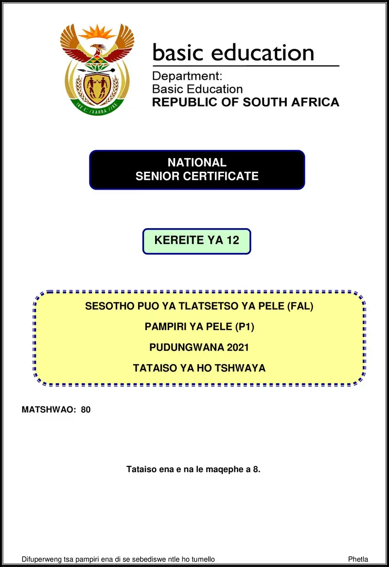 Sesotho Fal P1 Nov 2021 Mg Gr12