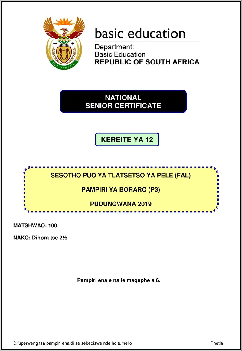 Sesotho Fal P3 Nov 2019 Gr12