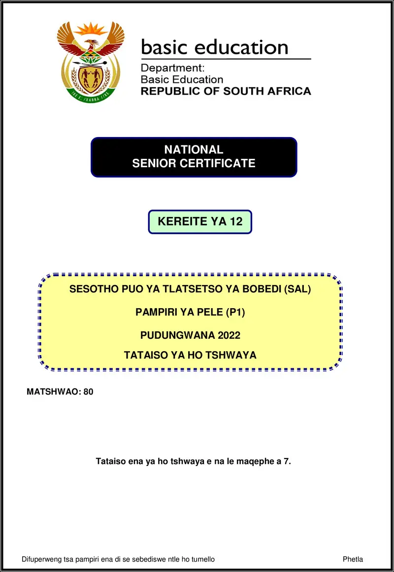 Sesotho Sal P1 Nov 2022 Mg Gr12