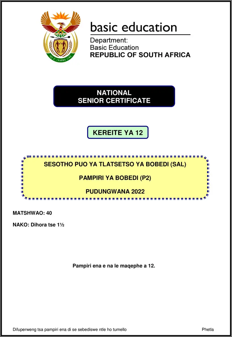 Sesotho Sal P2 Nov 2022 Gr12