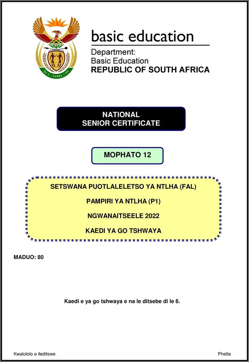 Setswana Fal P1 Nov 2022 Mg Gr12