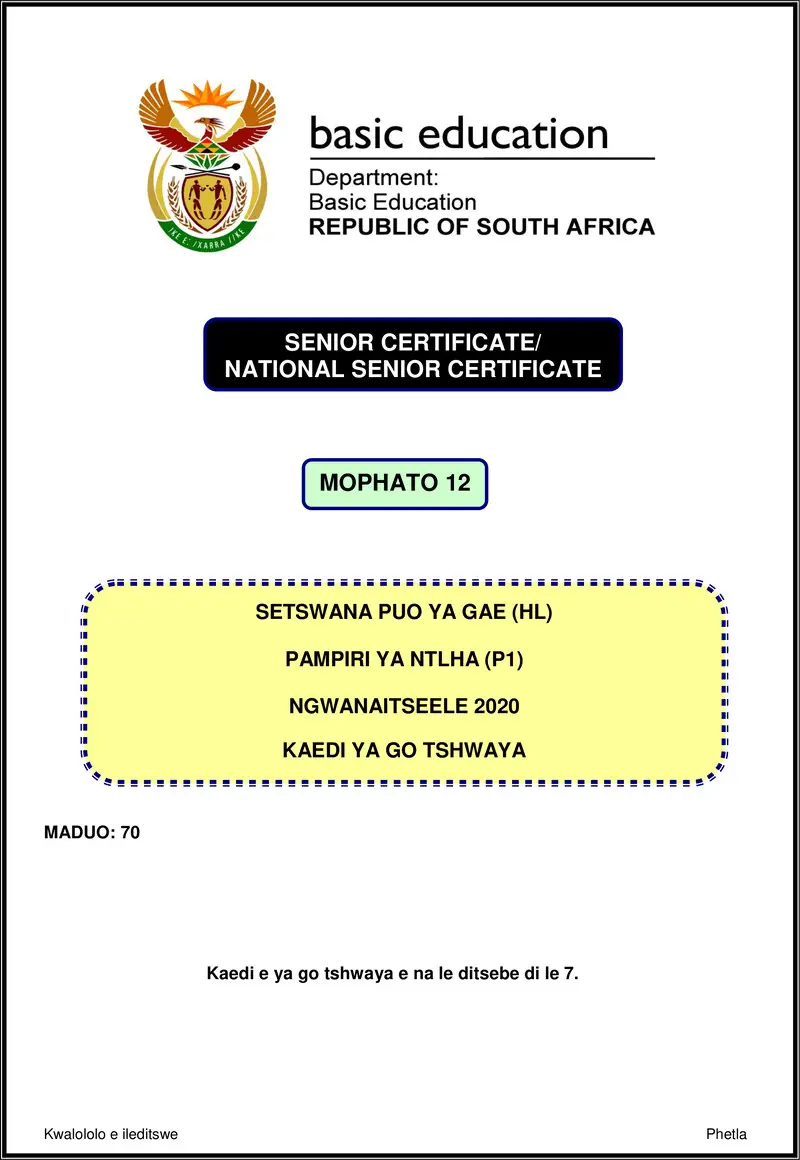 Setswana Hl P1 Nov 2020 Memo Gr12