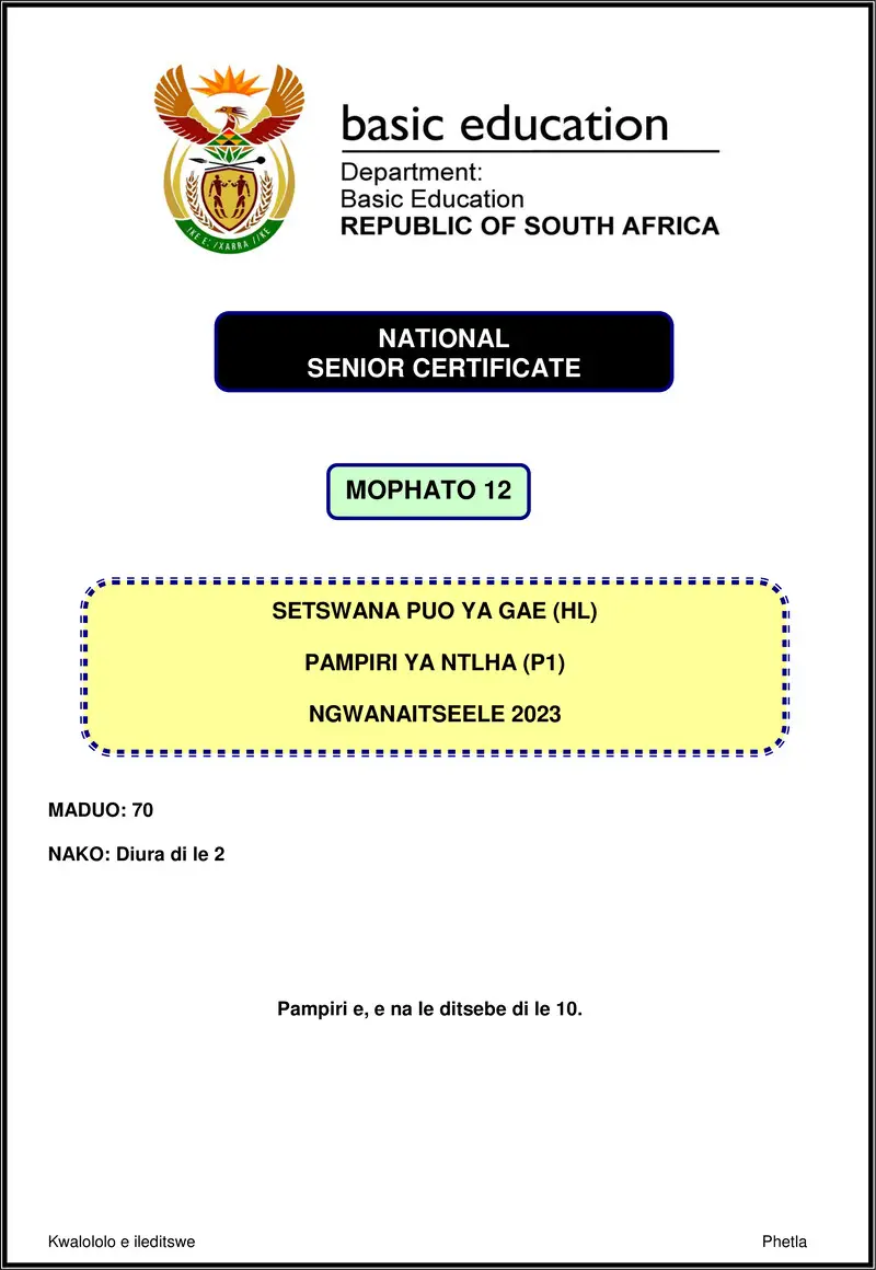 Setswana Hl P1 Nov 2023 Gr12