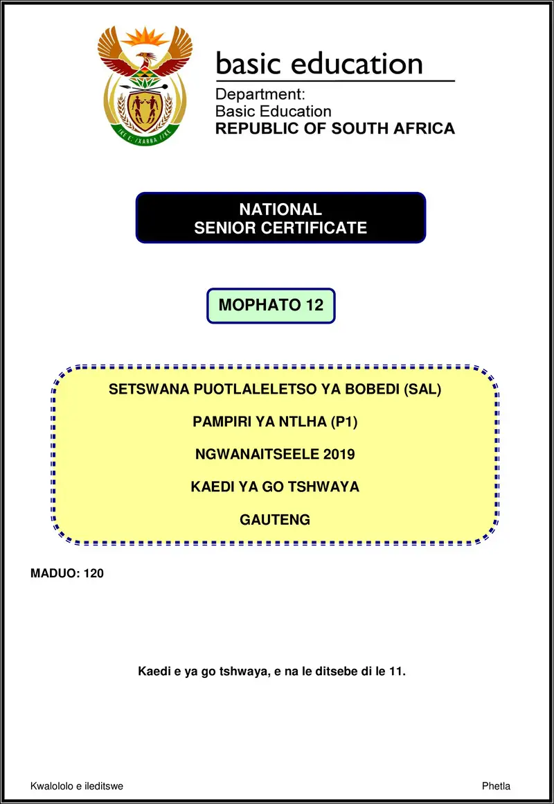 Setswana Sal P1 Nov 2019 Gauteng Memo Gr12