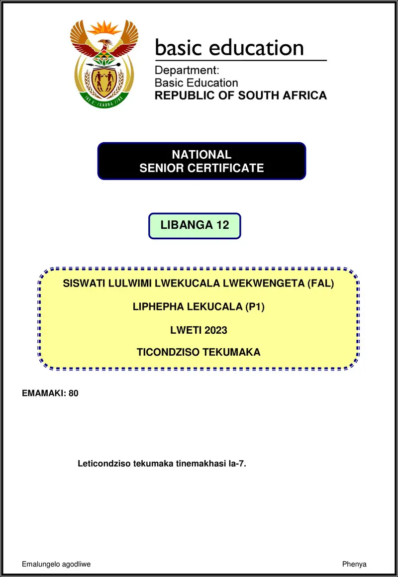 Siswati Fal P1 Nov 2023 Mg Gr12