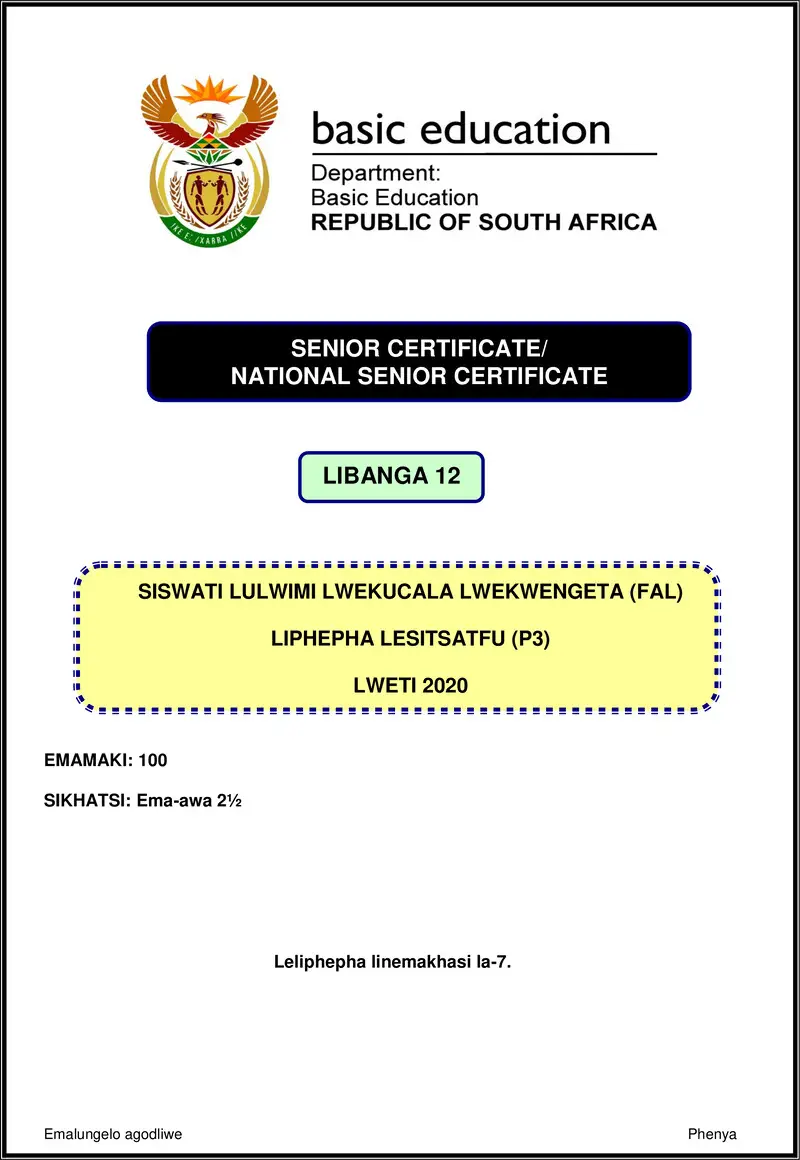 Siswati Fal P3 Nov 2020 Gr12