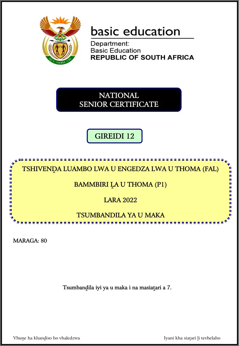 Tshivenda Fal P1 Nov 2022 Mg Gr12