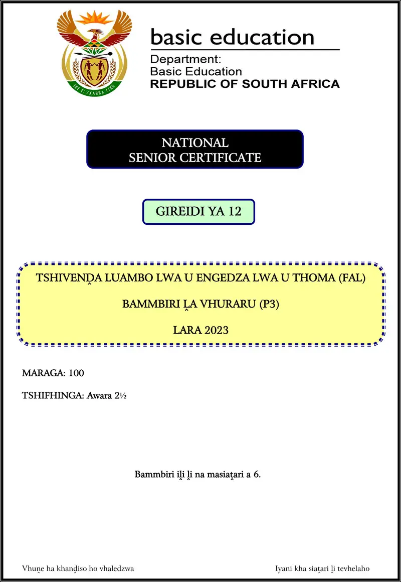 Tshivenda Fal P3 Nov 2023 Gr12