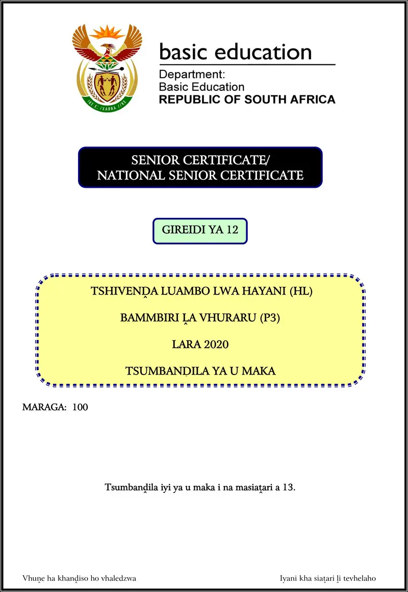 Grade 12 Tshivenda past paper 2020 – tshivenda hl p3 nov 2020 memo gr12