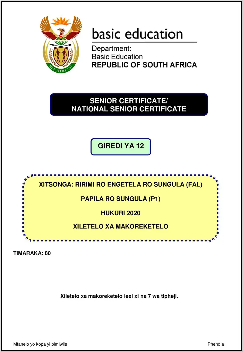 Xitsonga Fal P1 Nov 2020 Memo Gr12