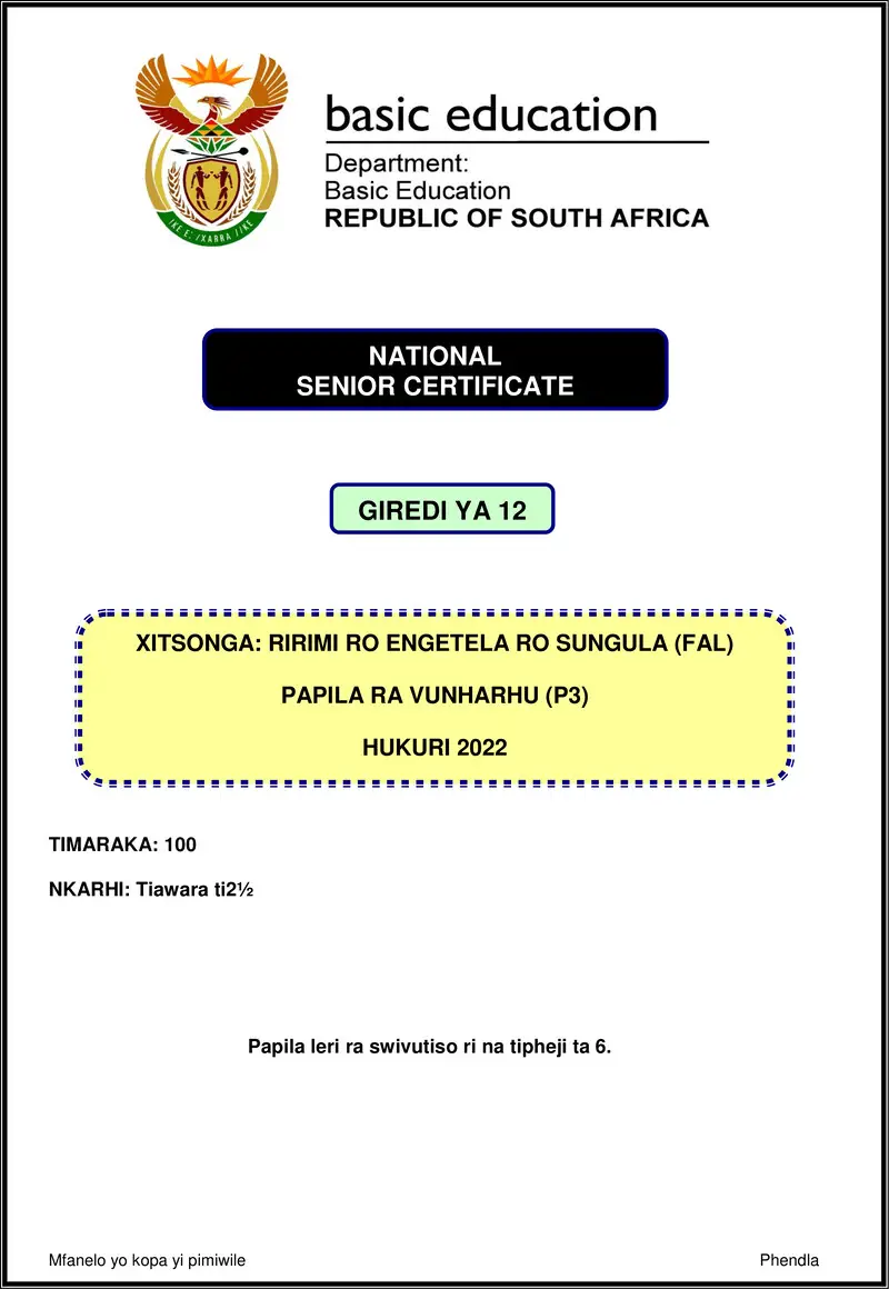 Xitsonga Fal P3 Nov 2022 Gr12