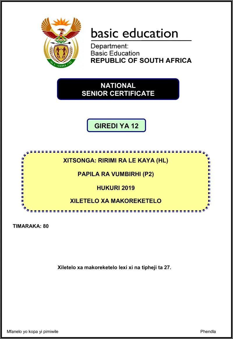 Xitsonga Hl P2 Nov 2019 Memo Gr12