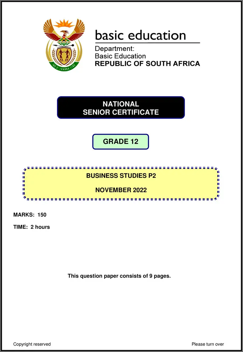 Grade 12 Business Studies past paper 2022 – business studies p2 nov 2022 eng gr12