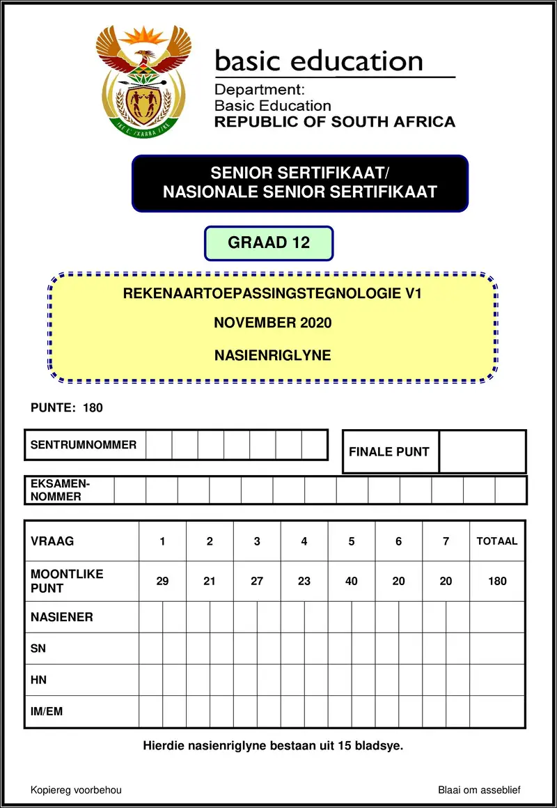 Grade 12 Rekenaartoepassingstegnologie past paper 2020 – computer application technology p1 nov 2020 memo afr gr12
