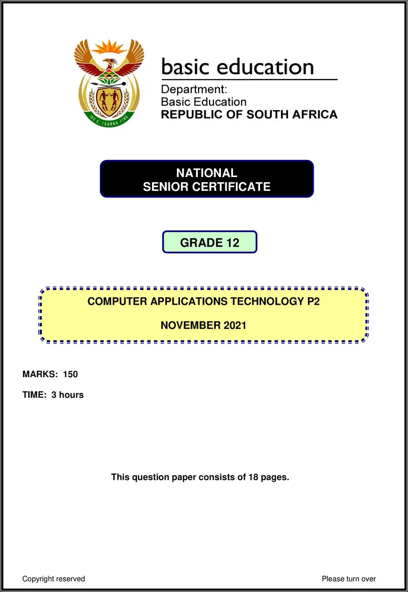 Grade 12 Computer Applications Technology past paper 2021 – computer application technology p2 nov 2021 eng gr12