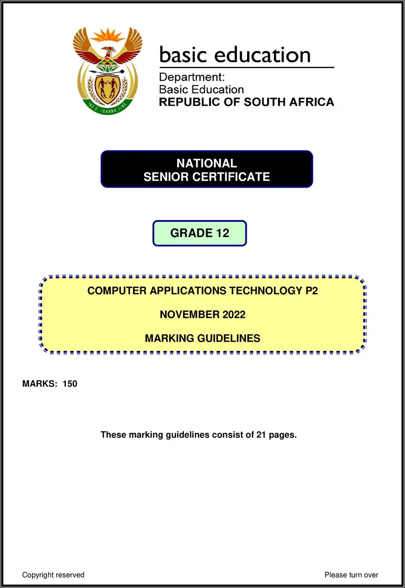 Grade 12 Computer Applications Technology past paper 2022 – computer applications technology p2 nov 2022 mg eng gr12