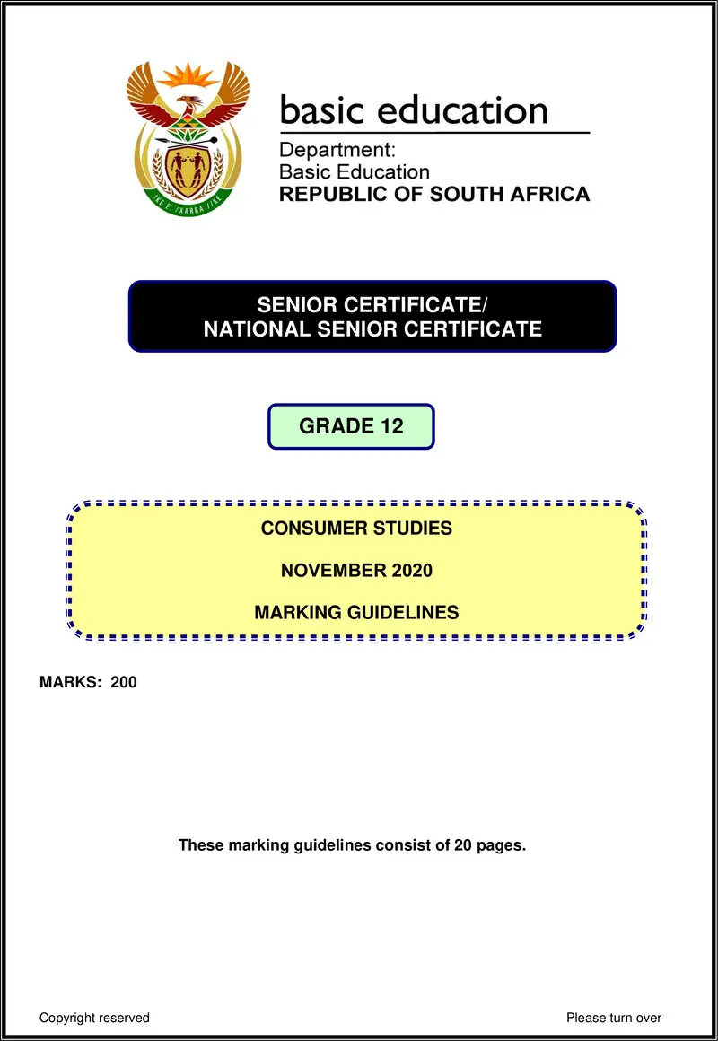Grade 11 Consumer Studies past paper 2020 – consumer studies nov 2020 memo eng gr12