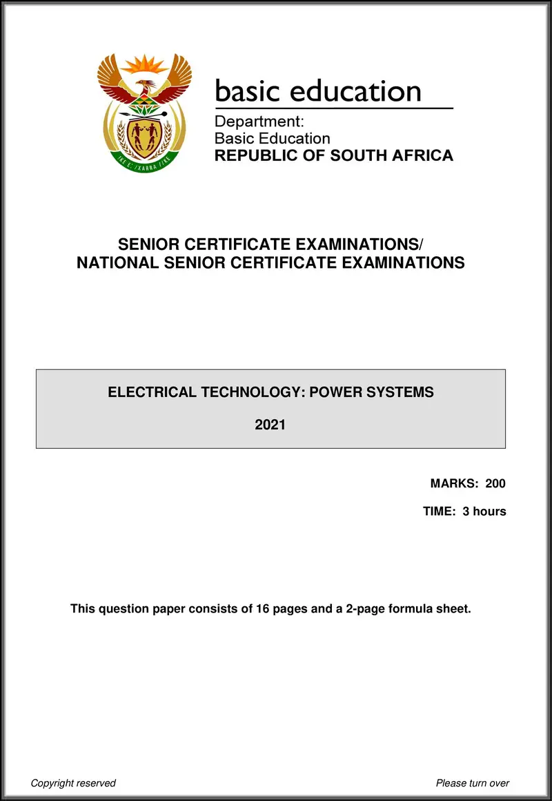 Grade 12 Electrical Technology past paper 2021 – electrical technology may june 2021 power systems eng gr12