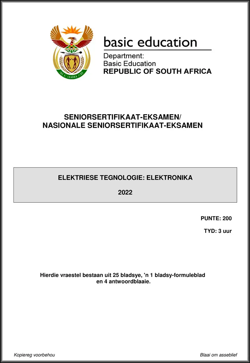 Grade 12 Electrical Technology past paper 2022 – electrical technology may june 2022 electronics afr gr12