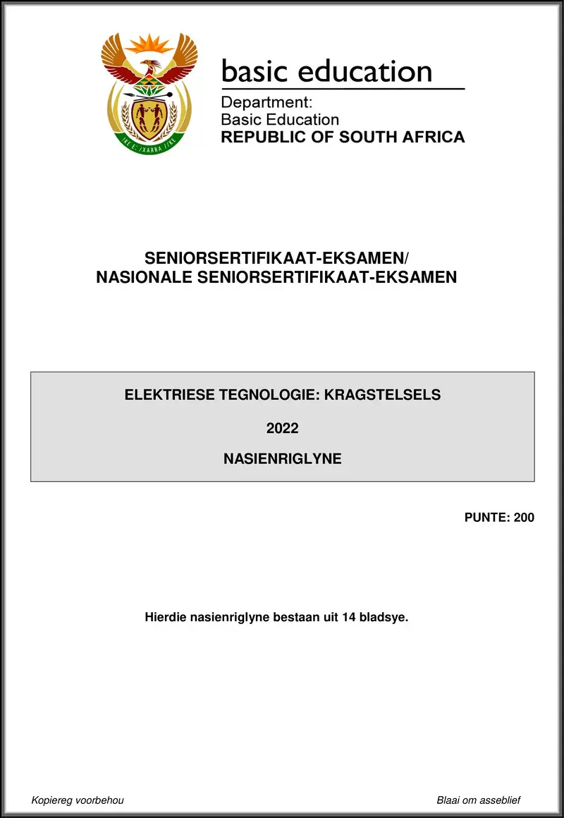 Grade 12 Electrical Technology past paper 2022 – electrical technology may june 2022 power systems mg afr gr12