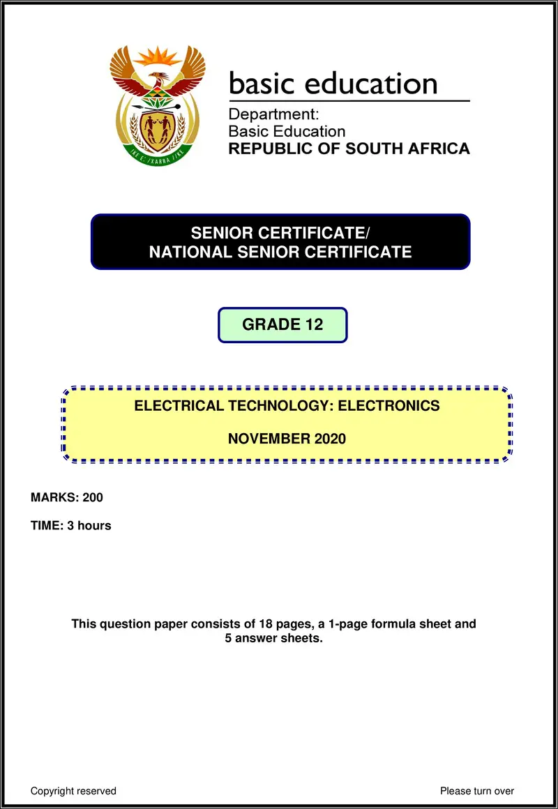Grade 12 Electrical Technology past paper 2020 – electrical technology nov 2020 electronics eng gr12