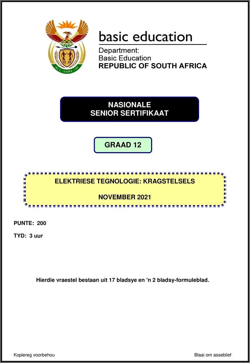 Grade 12 Electrical Technology past paper 2021 – electrical technology nov 2021 power systems afr gr12